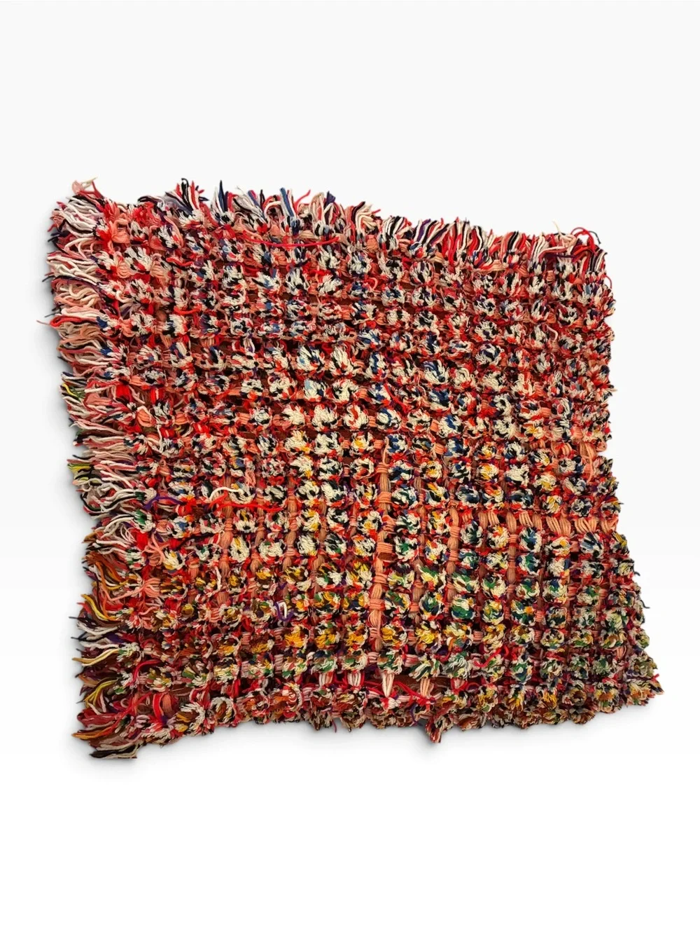 Unique Woven Pom Pom and weave multicolored yarn throw blanket. Hand made. 5’x5